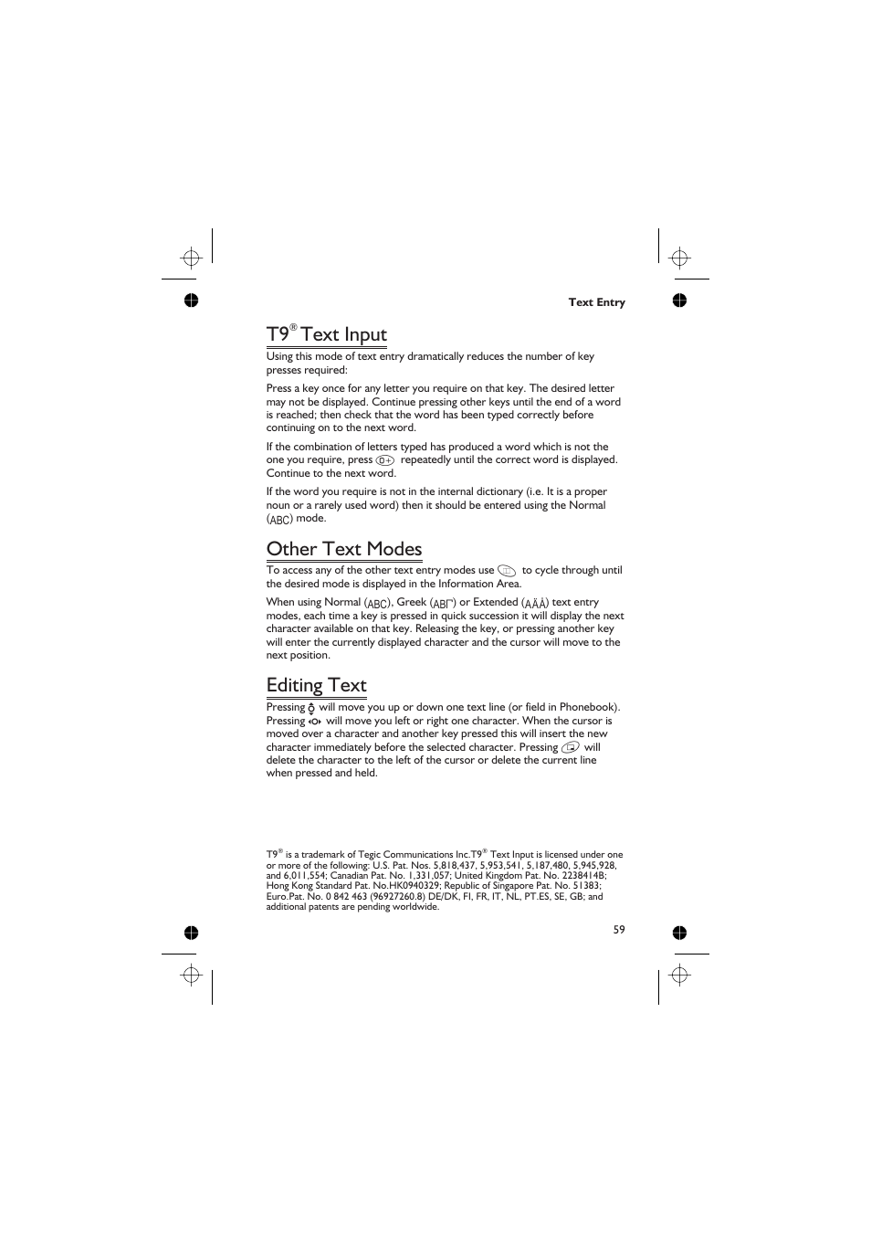 T9® text input 59, Other text modes 59, Editing text 59 | Text input, Other text modes, Editing text | Panasonic GD76 User Manual | Page 69 / 84