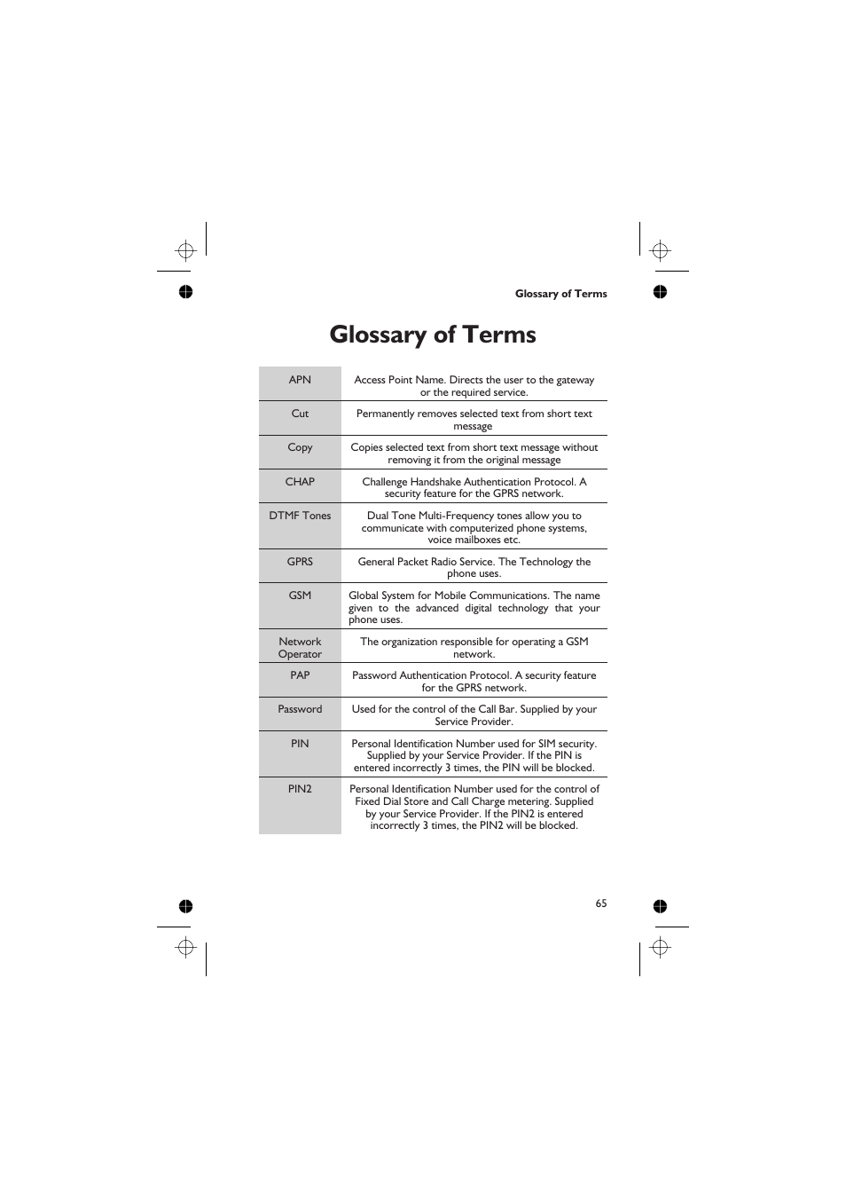 Glossary of terms 65, Glossary of terms | Panasonic GD76 User Manual | Page 75 / 84
