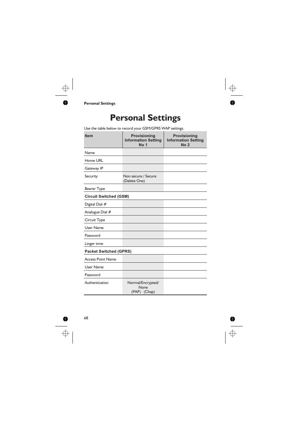 Personal settings 68, Personal settings | Panasonic GD76 User Manual | Page 78 / 84