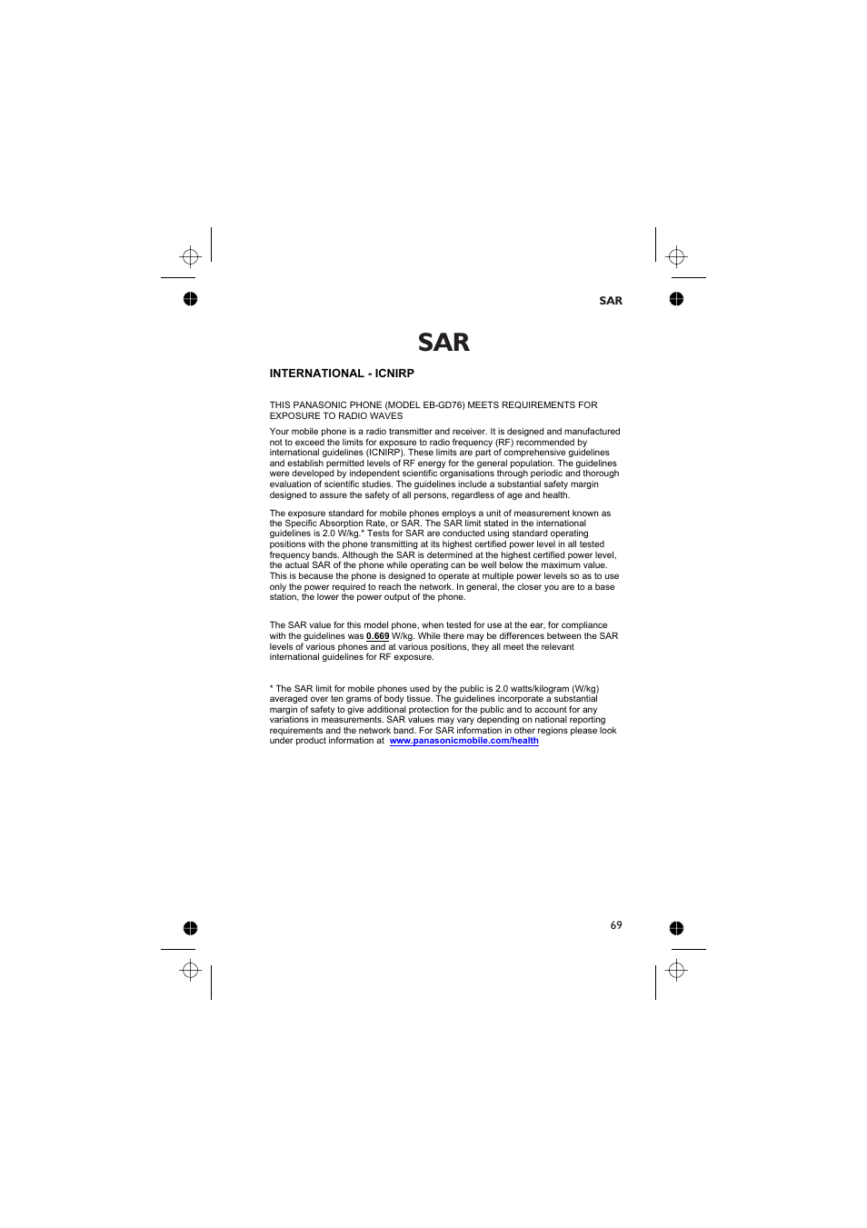 Sar 69 | Panasonic GD76 User Manual | Page 79 / 84