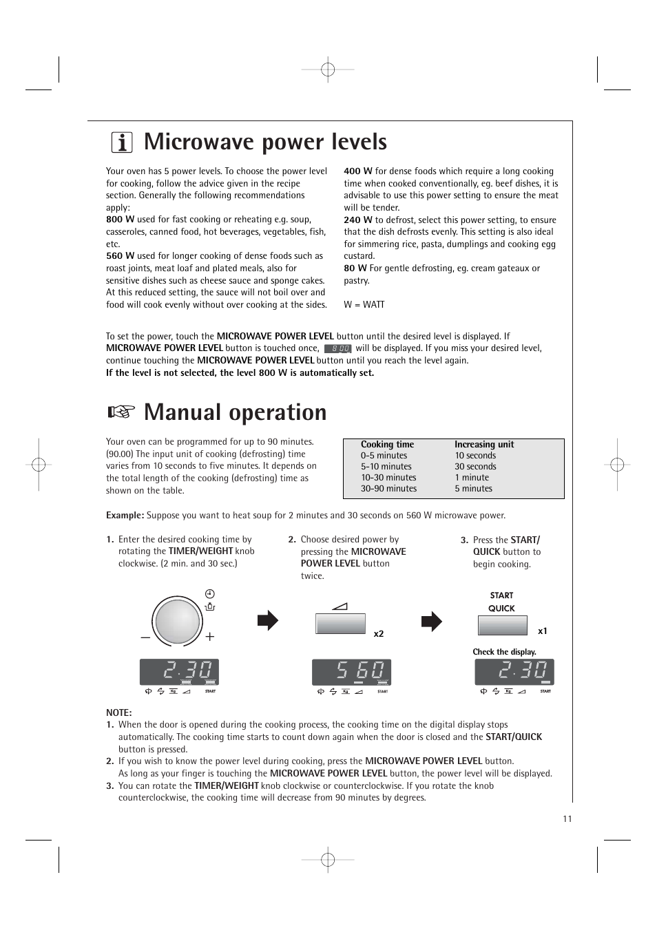 Manual operation, Microwave power levels | Electrolux MC1761E User Manual | Page 13 / 36