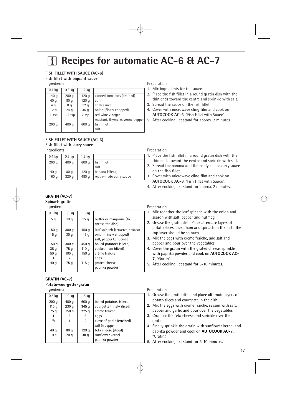 Recipes for automatic ac-6 & ac-7 | Electrolux MC1761E User Manual | Page 19 / 36