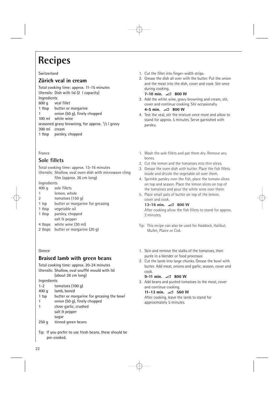 Recipes, Sole fillets, Zürich veal in cream | Braised lamb with green beans | Electrolux MC1761E User Manual | Page 24 / 36