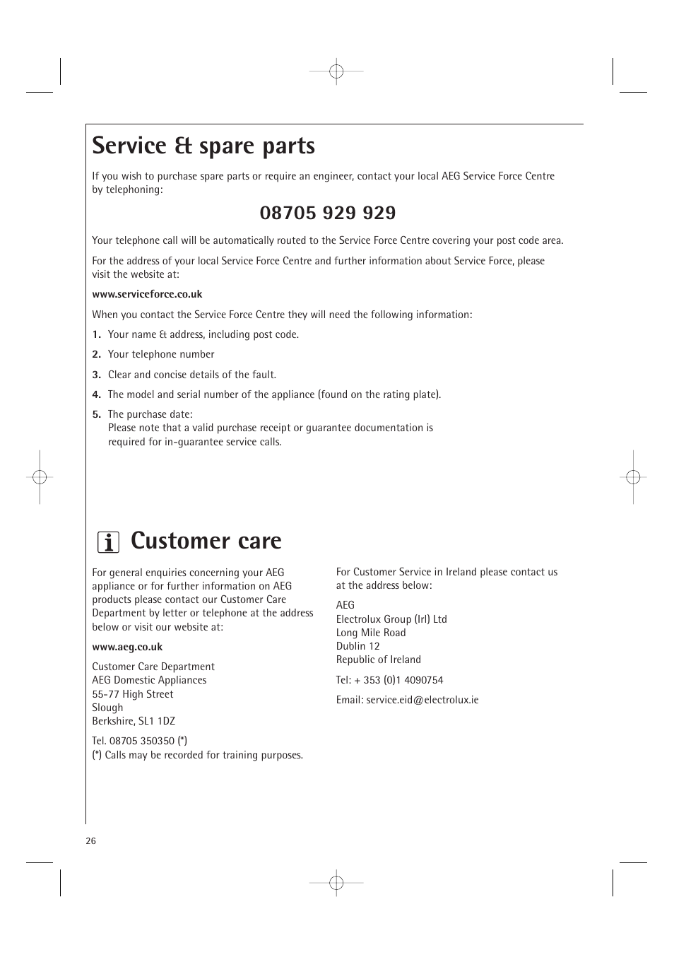 Service & spare parts customer care | Electrolux MC1761E User Manual | Page 28 / 36