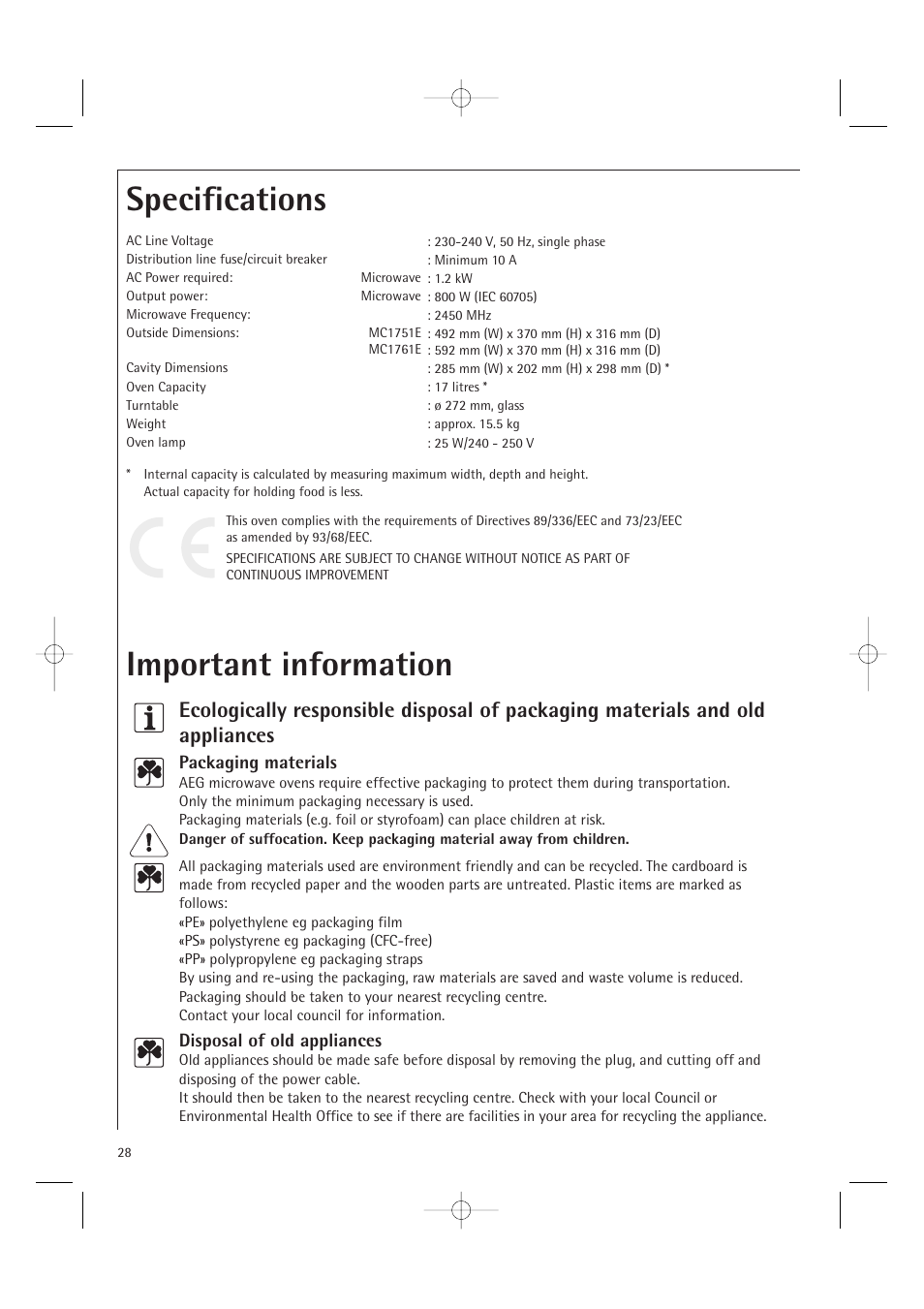 Specifications important information | Electrolux MC1761E User Manual | Page 30 / 36