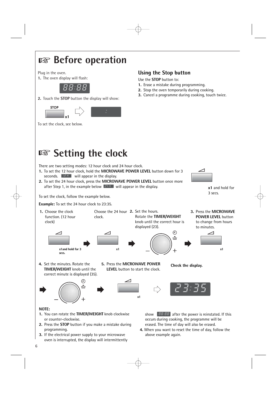 Before operation setting the clock, Using the stop button | Electrolux MC1761E User Manual | Page 8 / 36