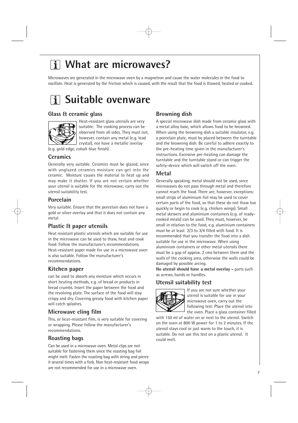 Suitable ovenware, What are microwaves | Electrolux MC1761E User Manual | Page 9 / 36