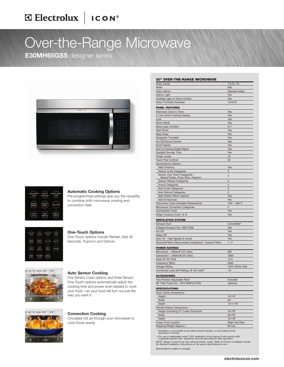 Electrolux Over-The-Range Microwave E30MH65GSS User Manual | 4 pages