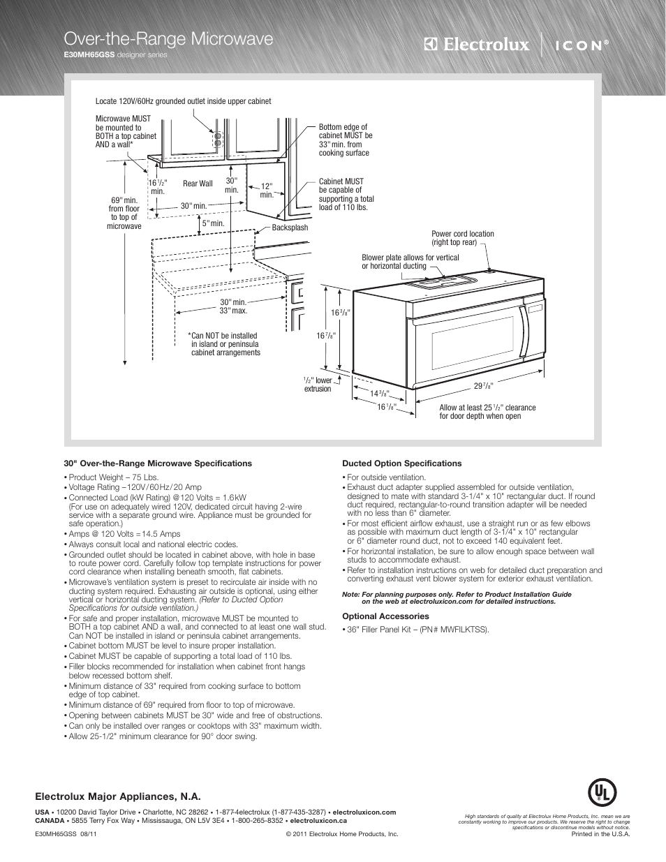 Over-the-range microwave, Electrolux major appliances, n.a | Electrolux Over-The-Range Microwave E30MH65GSS User Manual | Page 2 / 4