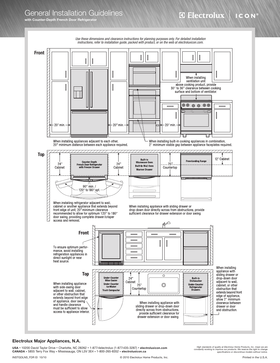 General installation guidelines, Front top, Electrolux major appliances, n.a | Electrolux Over-The-Range Microwave E30MH65GSS User Manual | Page 3 / 4