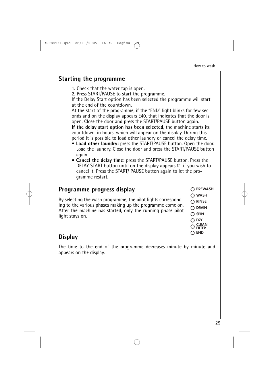 Starting the programme, Programme progress display, Display | Electrolux 12710 VIT User Manual | Page 29 / 60