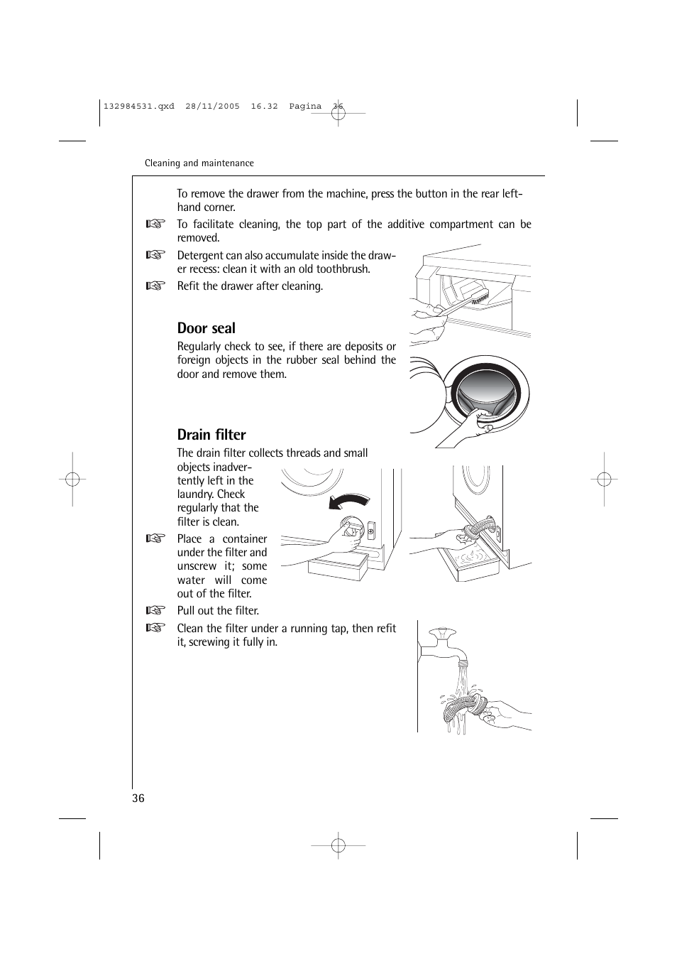 Door seal, Drain filter | Electrolux 12710 VIT User Manual | Page 36 / 60