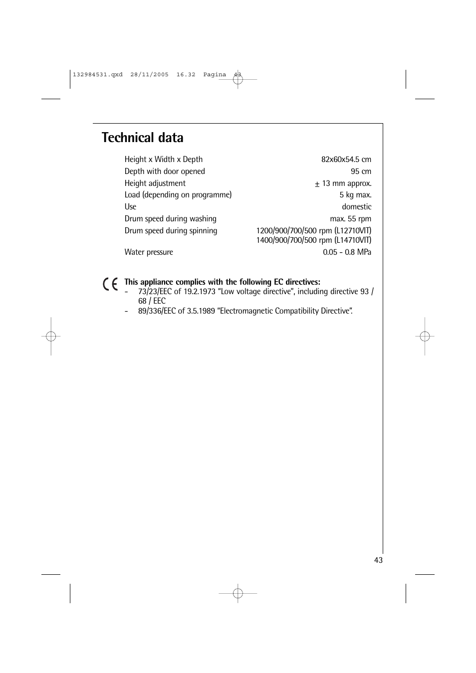Technical data | Electrolux 12710 VIT User Manual | Page 43 / 60