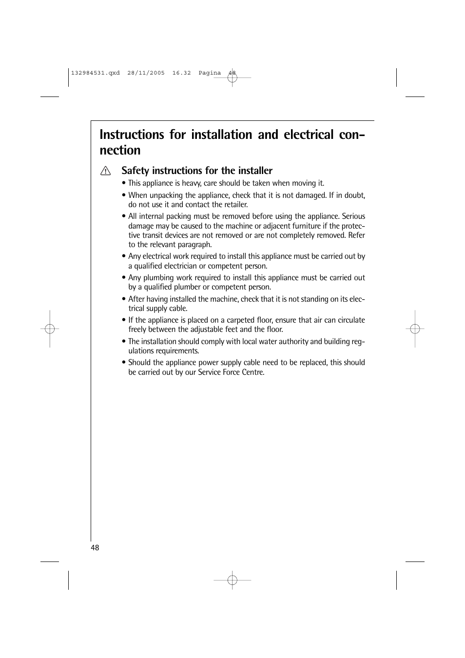 Safety instructions for the installer | Electrolux 12710 VIT User Manual | Page 48 / 60