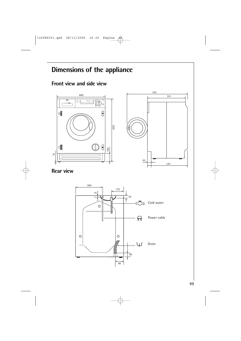 Dimensions of the appliance, Front view and side view rear view | Electrolux 12710 VIT User Manual | Page 49 / 60