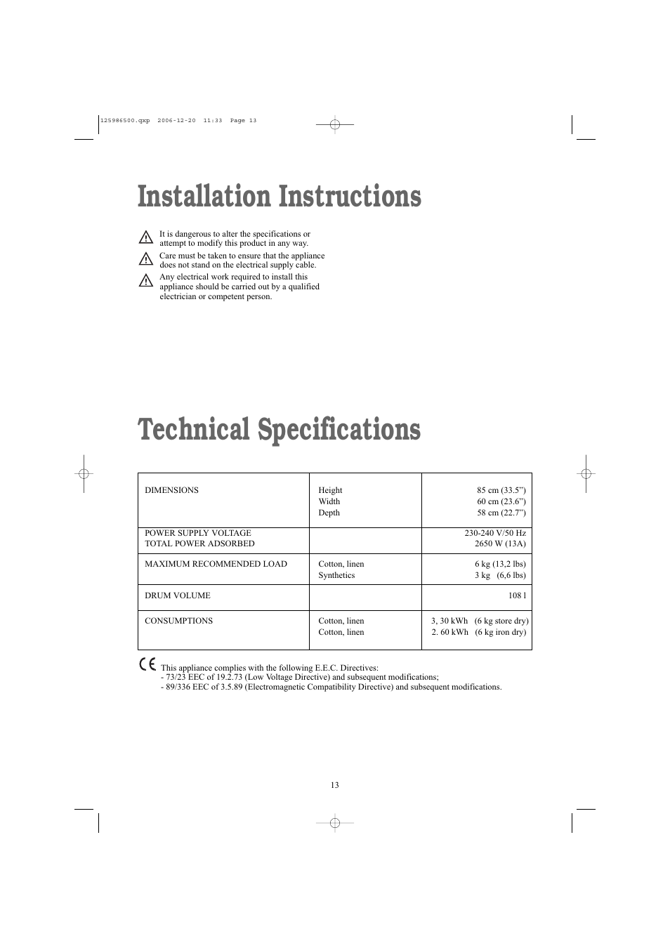 Installation instructions technical specifications | Electrolux ZDE26100W User Manual | Page 13 / 17