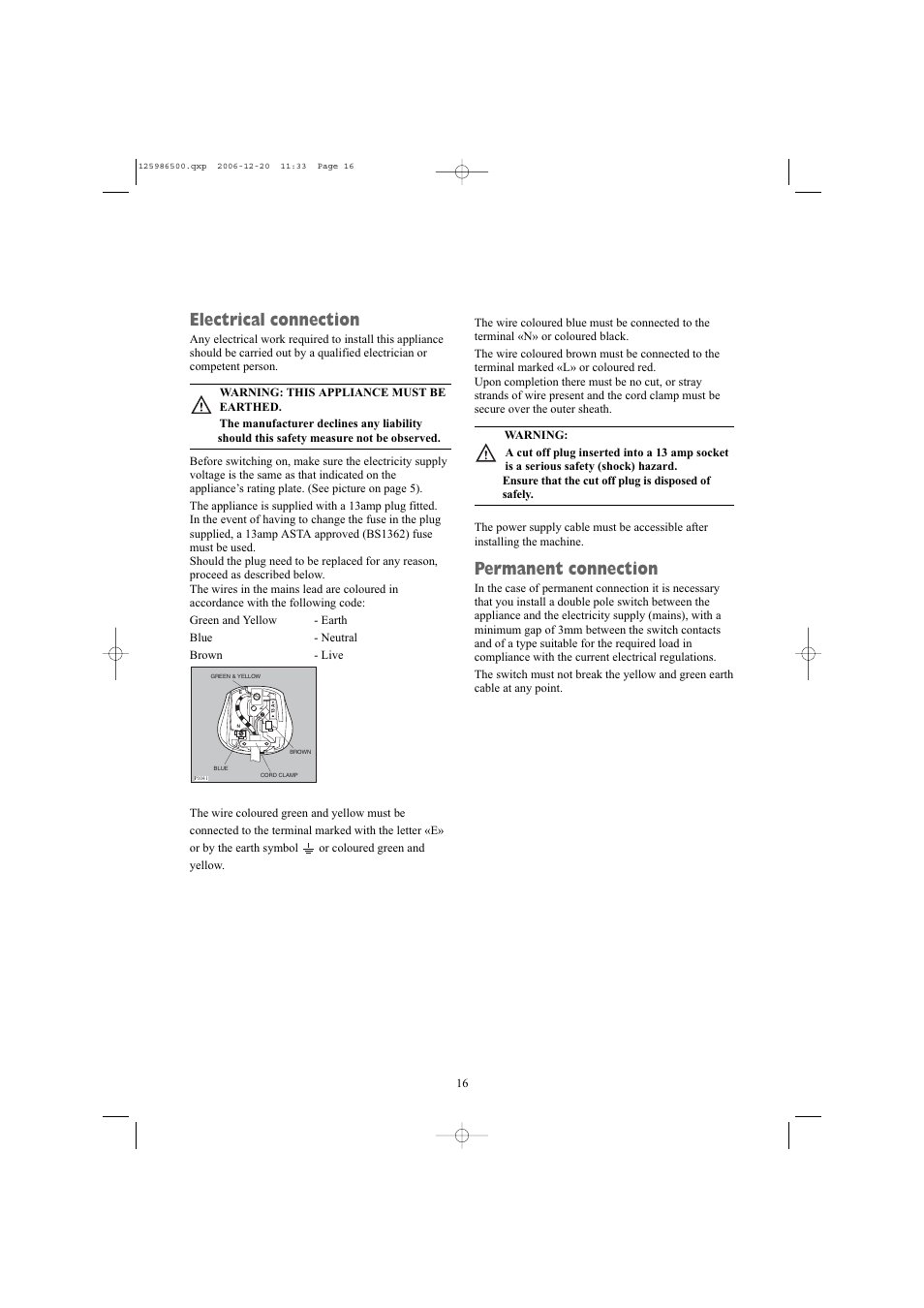 Electrical connection, Permanent connection | Electrolux ZDE26100W User Manual | Page 16 / 17