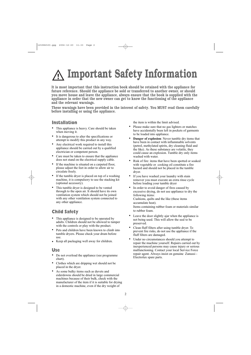 Important safety information, Installation, Child safety | Electrolux ZDE26100W User Manual | Page 2 / 17