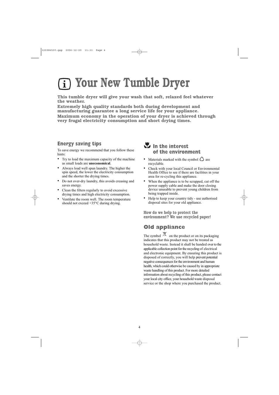 Your new tumble dryer, Old appliance, Energy saving tips | Electrolux ZDE26100W User Manual | Page 4 / 17