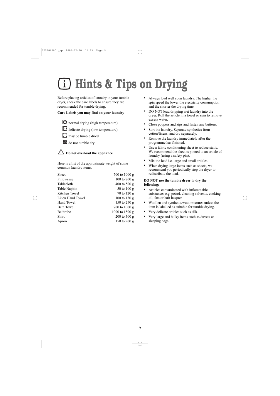 Hints & tips on drying | Electrolux ZDE26100W User Manual | Page 9 / 17