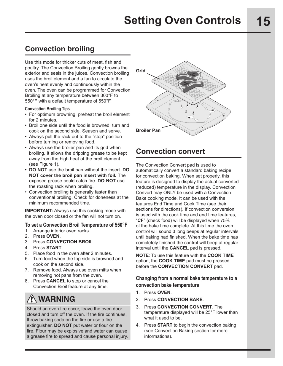 Setting oven controls, Convection convert, Convection broiling | Electrolux 318205134 User Manual | Page 15 / 32