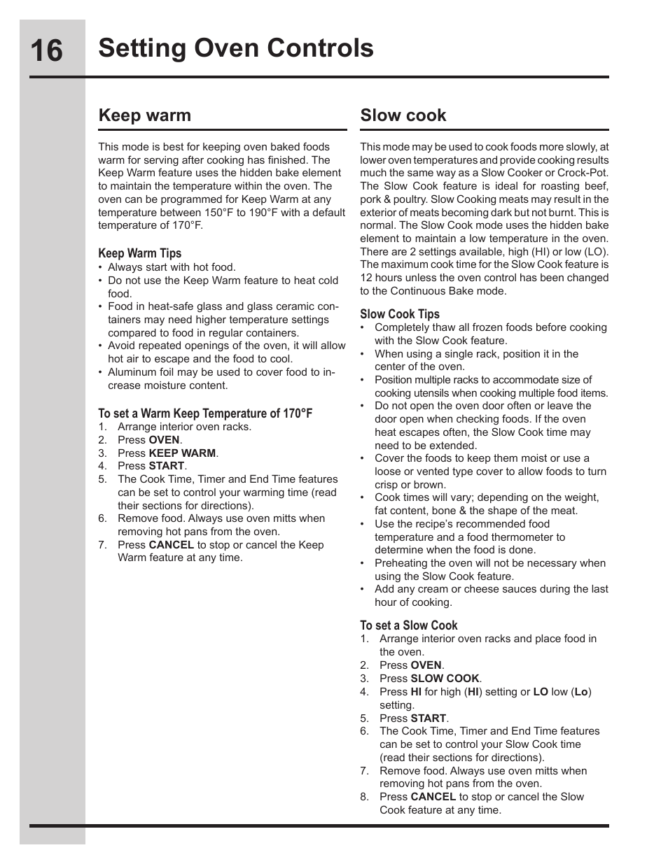 Setting oven controls, Keep warm slow cook | Electrolux 318205134 User Manual | Page 16 / 32