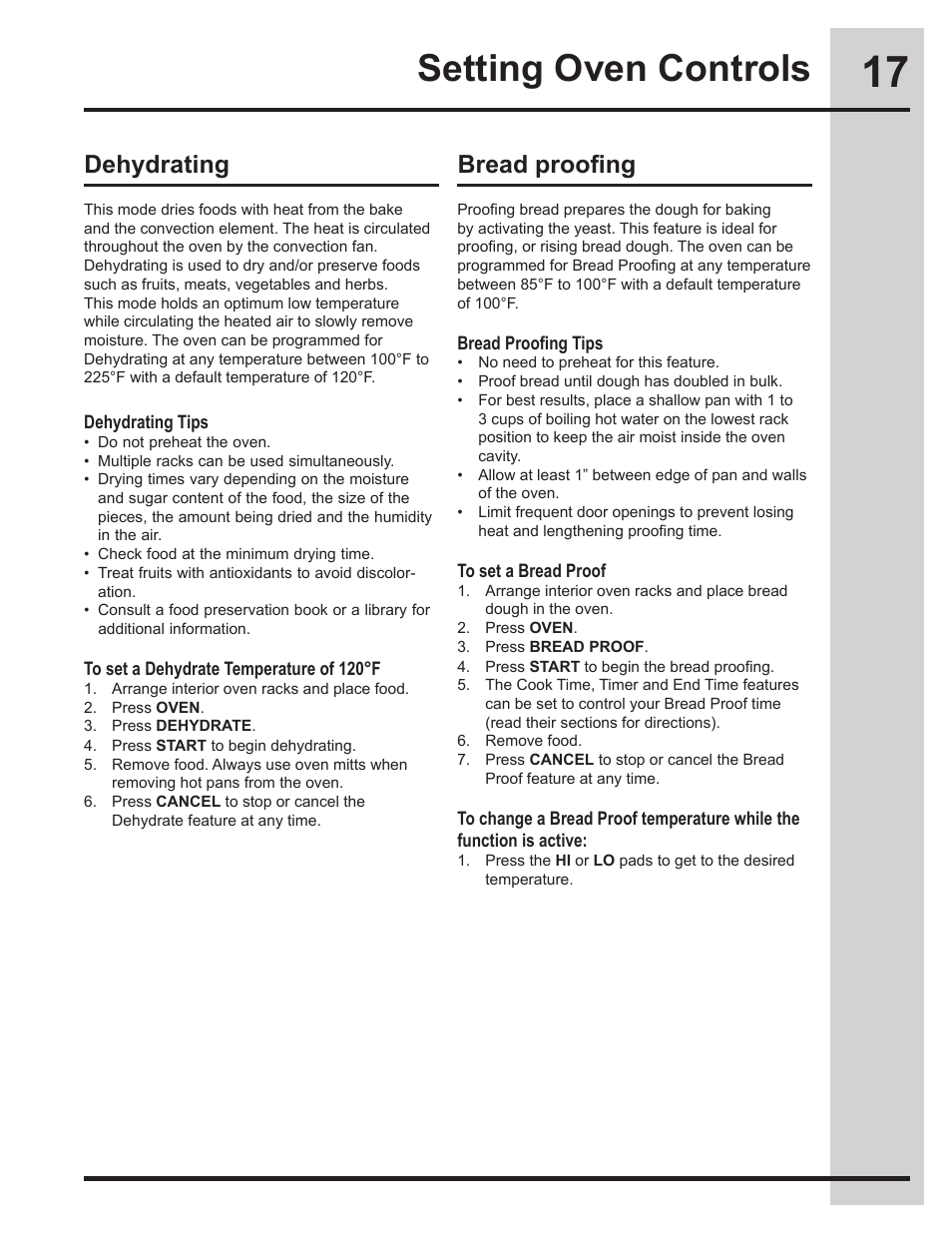 Setting oven controls, Dehydrating bread proofing | Electrolux 318205134 User Manual | Page 17 / 32