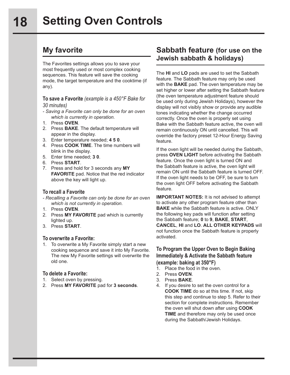 Setting oven controls, My favorite, Sabbath feature | For use on the jewish sabbath & holidays) | Electrolux 318205134 User Manual | Page 18 / 32