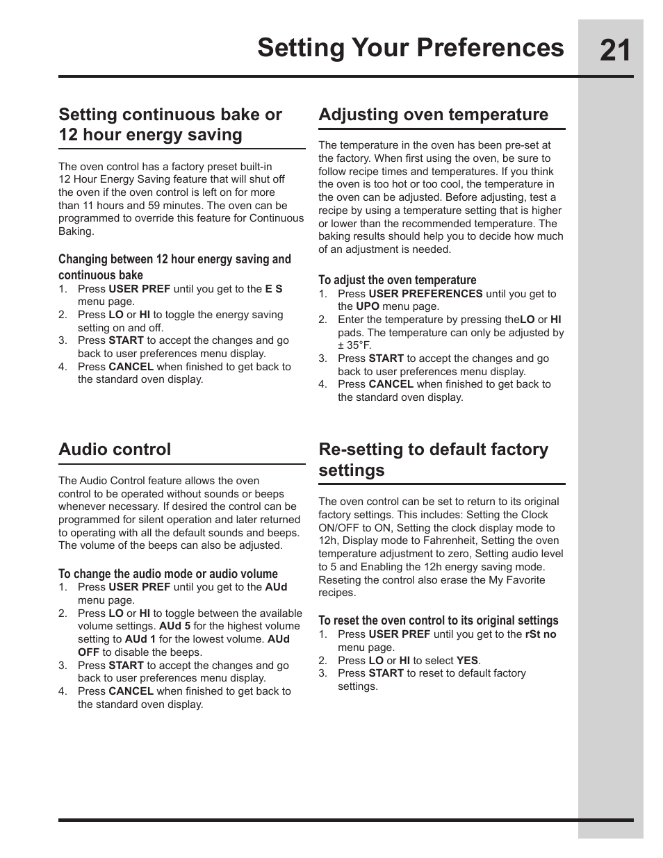 Setting your preferences, Setting continuous bake or 12 hour energy saving, Audio control | Adjusting oven temperature, Re-setting to default factory settings | Electrolux 318205134 User Manual | Page 21 / 32