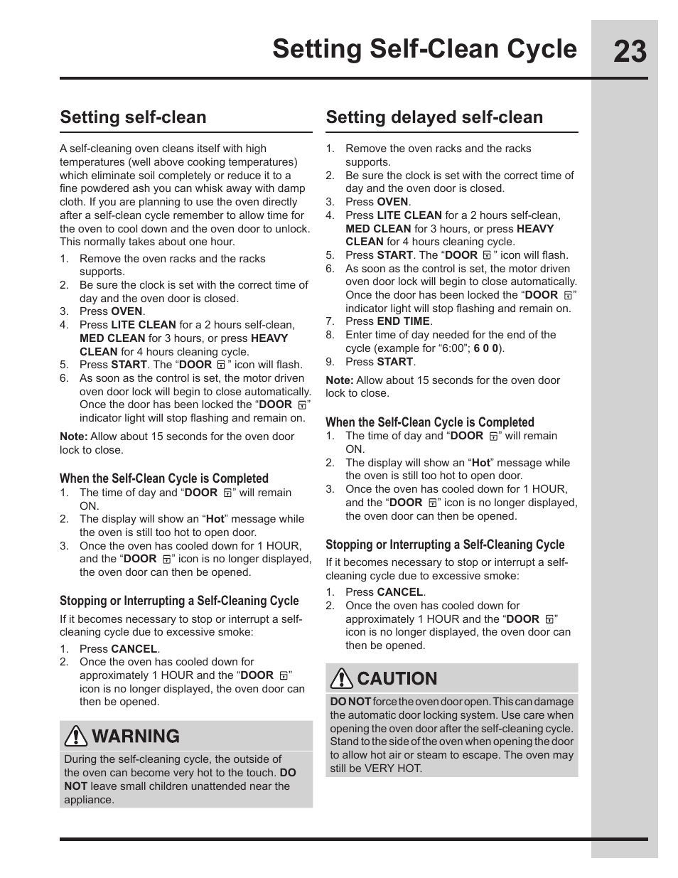 Setting self-clean cycle, Setting self-clean setting delayed self-clean | Electrolux 318205134 User Manual | Page 23 / 32