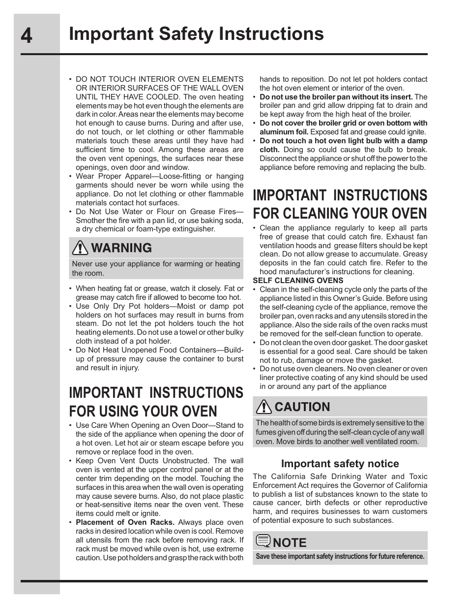 Important safety instructions, Important instructions for using your oven, Important instructions for cleaning your oven | Important safety notice | Electrolux 318205134 User Manual | Page 4 / 32