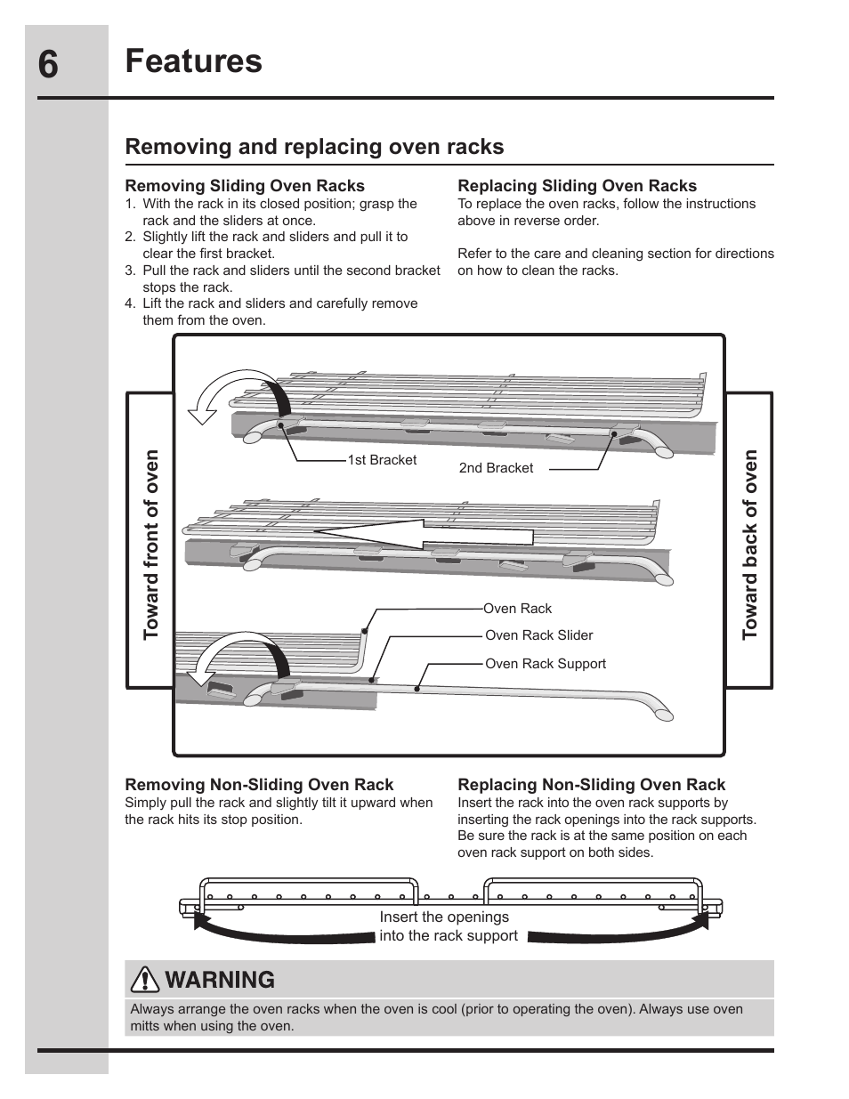 Features, Removing and replacing oven racks | Electrolux 318205134 User Manual | Page 6 / 32
