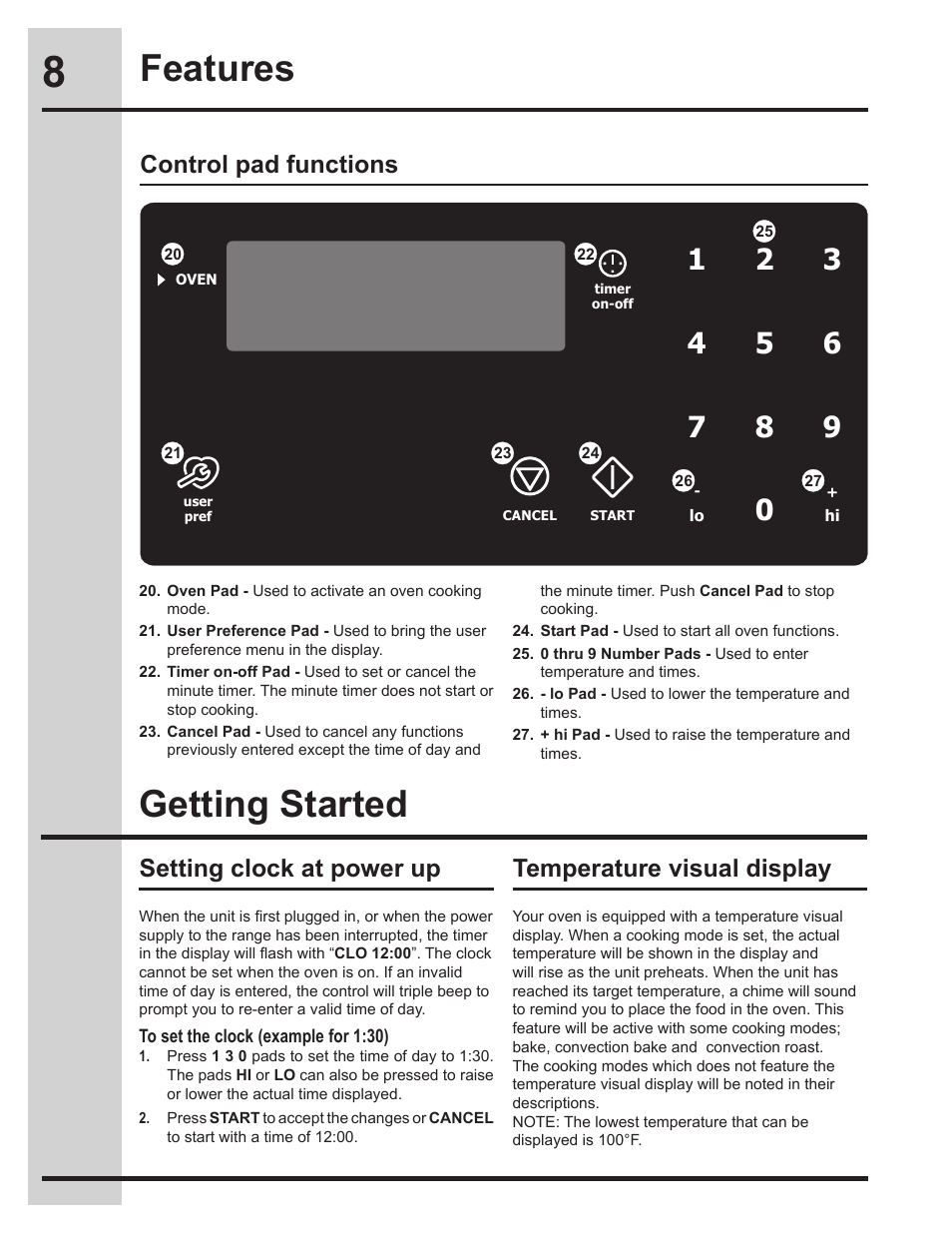 Features, Getting started, Control pad functions | Electrolux 318205134 User Manual | Page 8 / 32