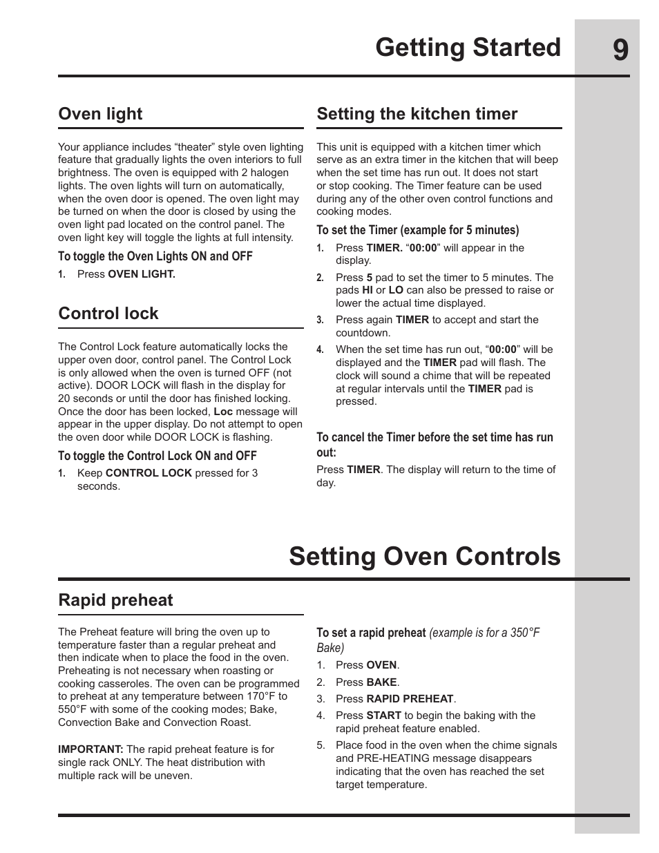 Setting oven controls getting started, Oven light setting the kitchen timer control lock, Rapid preheat | Electrolux 318205134 User Manual | Page 9 / 32