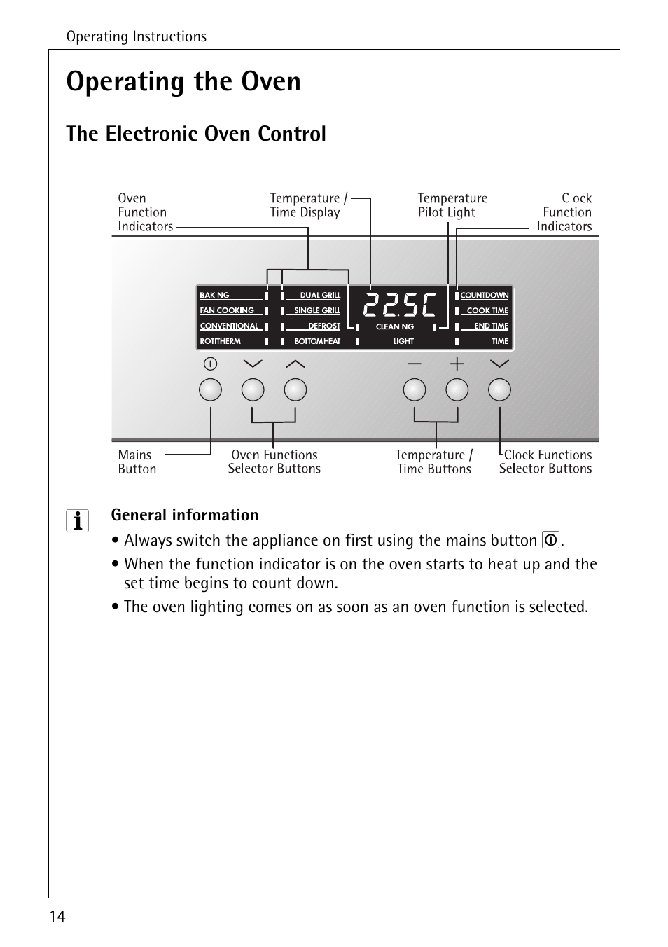 Operating the oven, The electronic oven control | Electrolux B6100-1 User Manual | Page 14 / 76