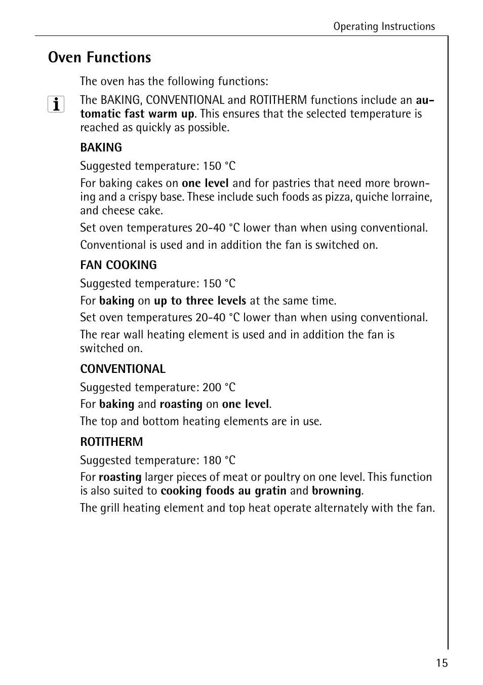 Oven functions | Electrolux B6100-1 User Manual | Page 15 / 76