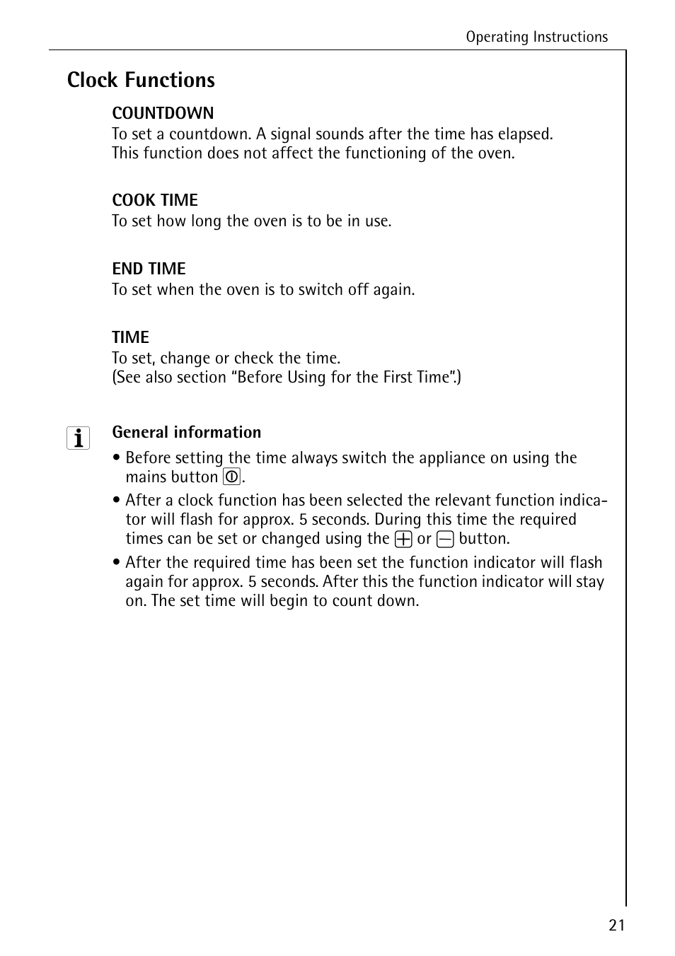 Clock functions | Electrolux B6100-1 User Manual | Page 21 / 76