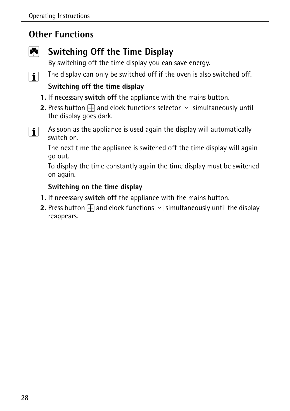 Other functions, Switching off the time display | Electrolux B6100-1 User Manual | Page 28 / 76