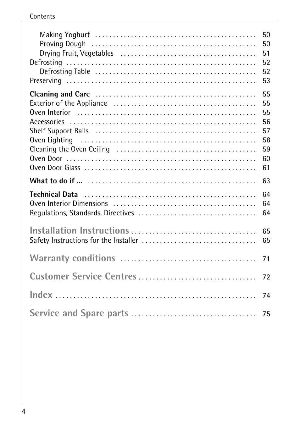 Installation instructions, Warranty conditions, Customer service centres | Index, Service and spare parts | Electrolux B6100-1 User Manual | Page 4 / 76