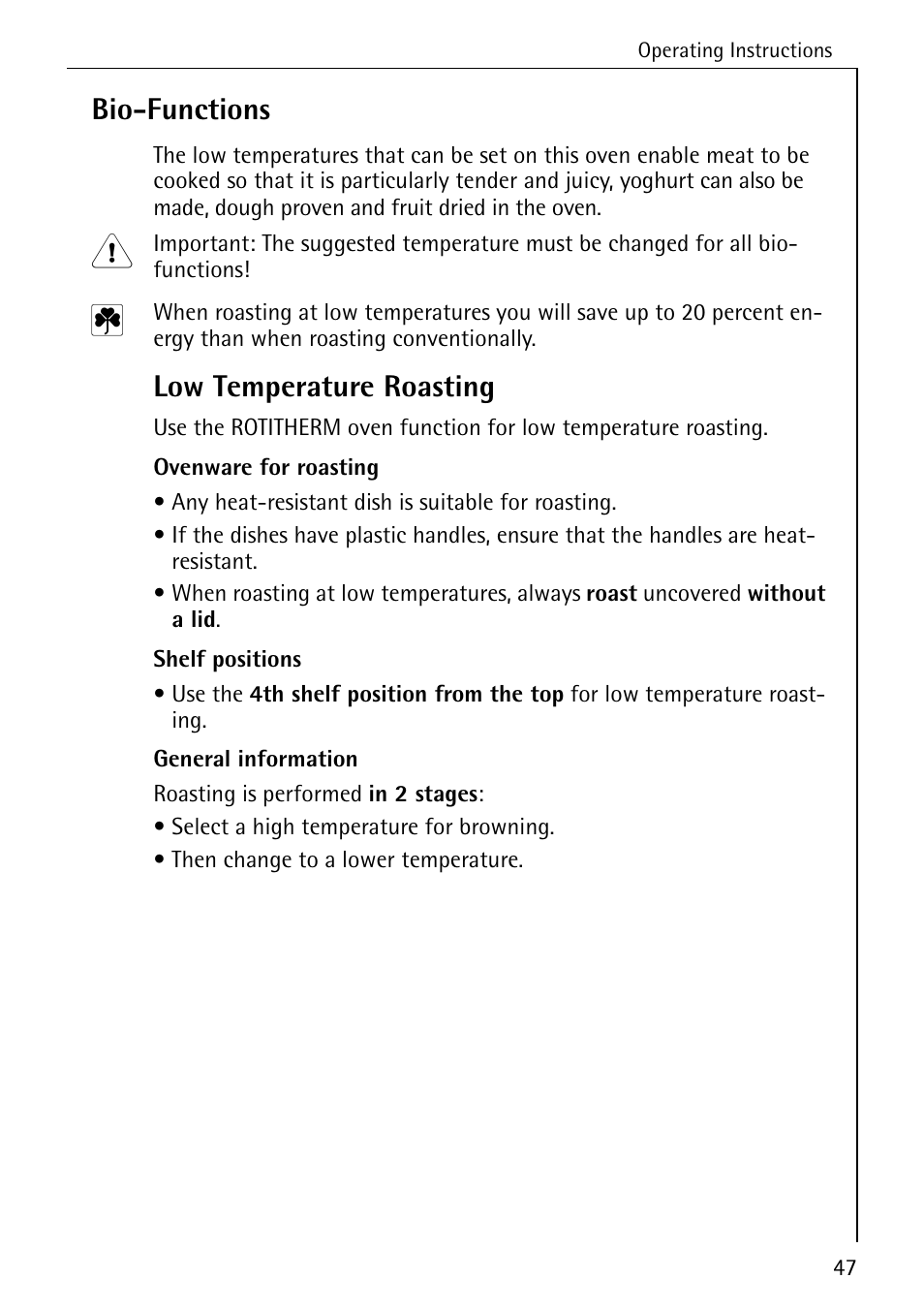 Bio-functions, Low temperature roasting | Electrolux B6100-1 User Manual | Page 47 / 76