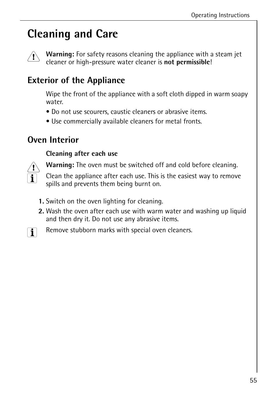 Cleaning and care, Exterior of the appliance, Oven interior | Electrolux B6100-1 User Manual | Page 55 / 76