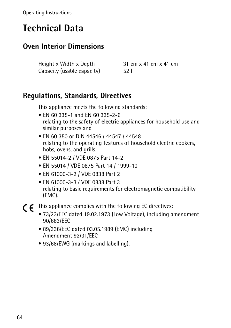 Technical data | Electrolux B6100-1 User Manual | Page 64 / 76
