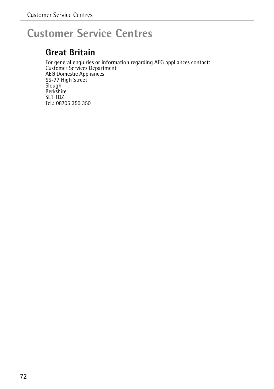Customer service centres, Great britain | Electrolux B6100-1 User Manual | Page 72 / 76