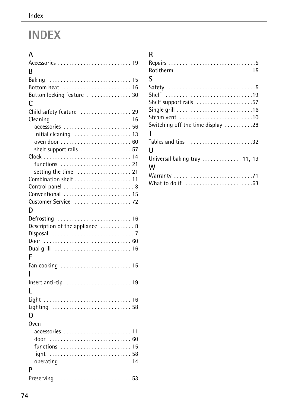 Index | Electrolux B6100-1 User Manual | Page 74 / 76