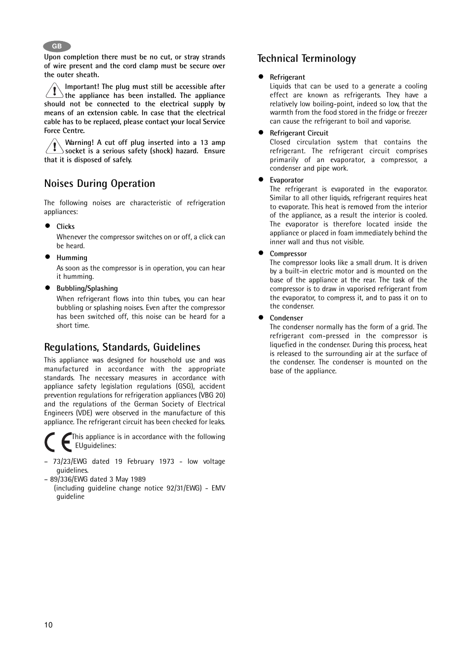 Noises during operation, Regulations, standards, guidelines, Technical terminology | Electrolux A 75108 GA3 User Manual | Page 10 / 16