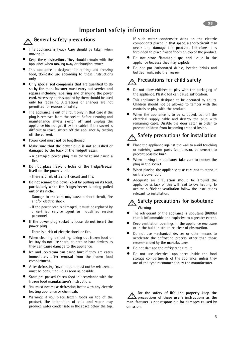 Important safety information, General safety precautions, Precautions for child safety | Safety precautions for installation, Safety precautions for isobutane | Electrolux A 75108 GA3 User Manual | Page 3 / 16