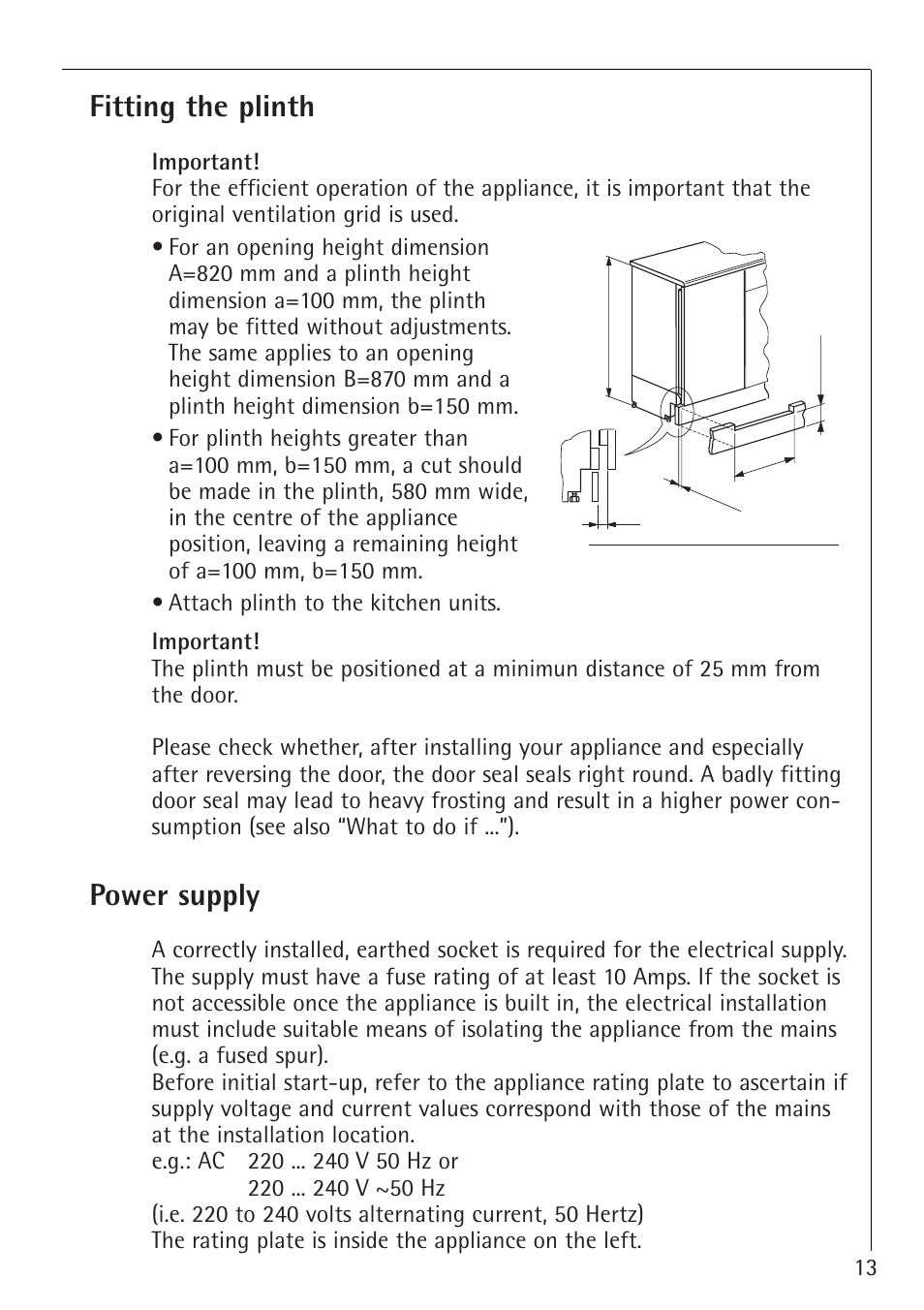 Fitting the plinth, Power supply | Electrolux 1254-6 iU User Manual | Page 13 / 32