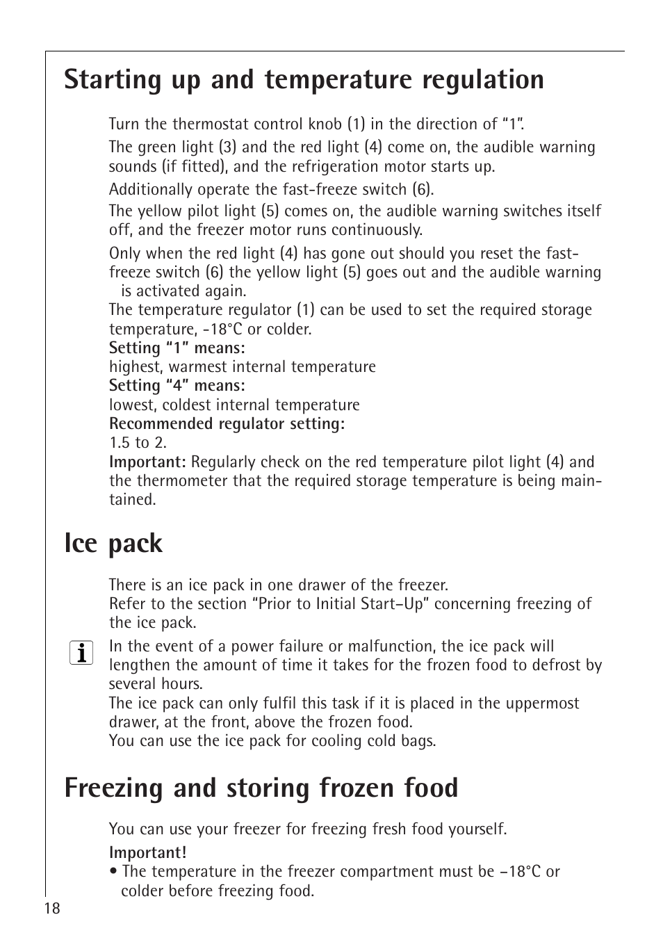 Starting up and temperature regulation, Ice pack, Freezing and storing frozen food | Electrolux 1254-6 iU User Manual | Page 18 / 32