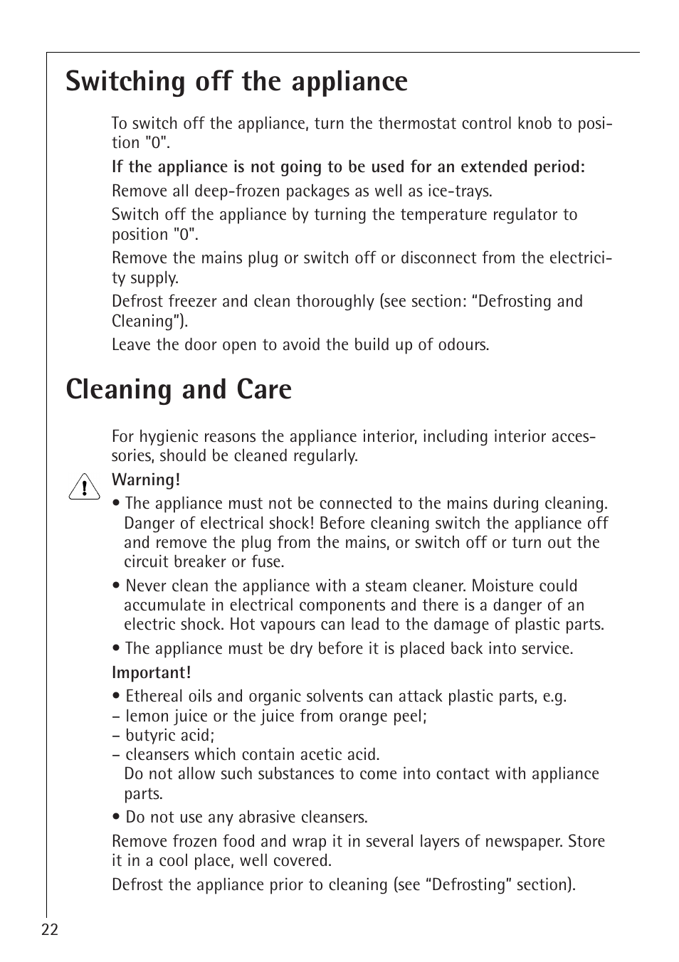 Switching off the appliance, Cleaning and care | Electrolux 1254-6 iU User Manual | Page 22 / 32