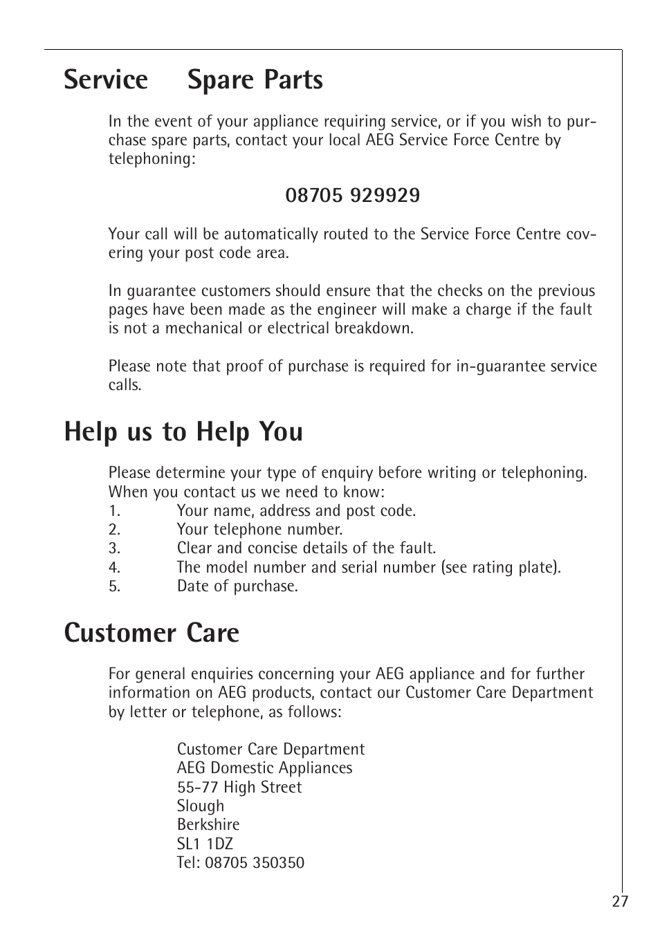 Service & spare parts, Help us to help you, Customer care | Electrolux 1254-6 iU User Manual | Page 27 / 32
